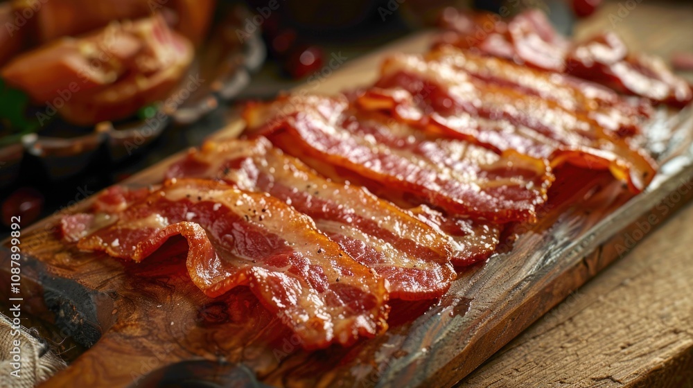 Poster slices of crispy bacon arranged on a wooden cutting board, ready for use in cooking or as a decorati