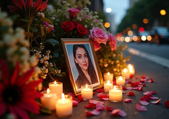 Candlelit Memorial with Flowers and Photo Honoring a Victim of Femicide