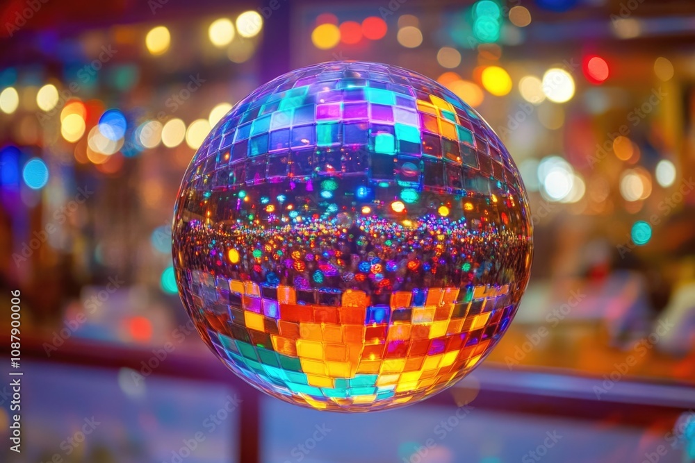 Poster a shiny disco ball hangs from the ceiling of a modern building, ready for a party or event