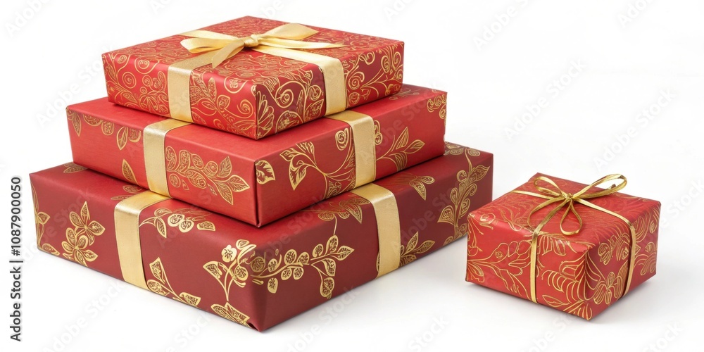 Poster layered gift pile a stack of three gifts in descending sizes the largest in red with gold ss the med