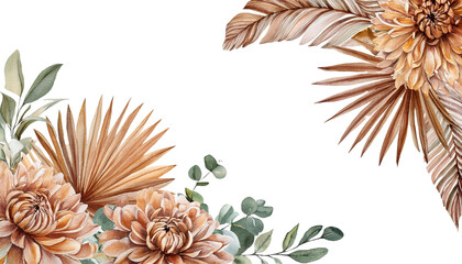 Watercolor Floral Corner Border. Warm Brown Chrysanthemums and Palm Leaves with Decorative Foliage for Invitations and Cards.