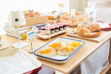 Fresh Baked Shio Pan or Japanese sea salt butter bread rolls in bakery shop,Homemade pastry with sesame,japan or korea bakery shop,copy space.