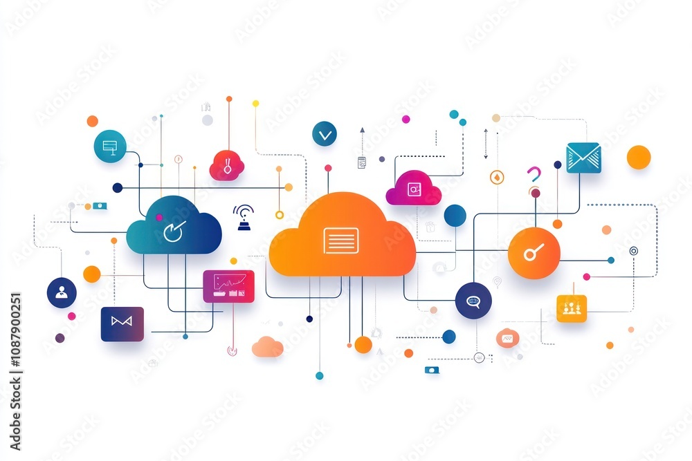Poster abstract network of connected cloud computing icons with colorful lines and dots.