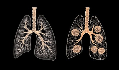 Depiction of the stages of lung cancer, from early detection to advanced metastasis, Lung cancer, disease stages concept