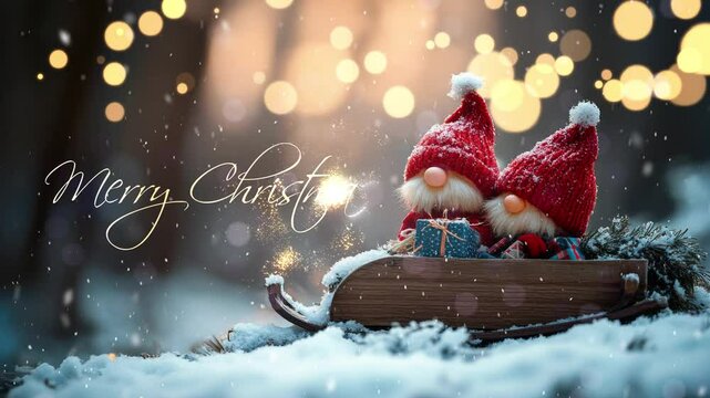 Two Santa Clauses on small wooden sleighs with gifts. Merry Christmas. Christmas greeting card with Santa Claus. Festive decoration. Cute funny gnomes, decorated for Christmas.