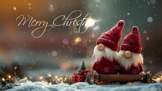 Two Santa Clauses on small wooden sleighs with gifts. Merry Christmas. Christmas greeting card with Santa Claus. Festive decoration. Cute funny gnomes, decorated for Christmas.
