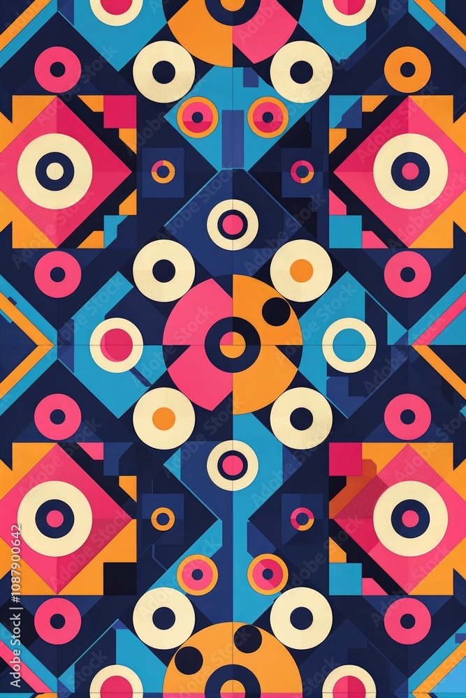 Poster A colorful abstract design featuring interconnected circles and squares