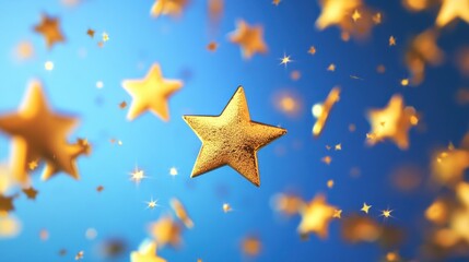 Golden Starry Celebration: A Dazzling Display of Festive Gold Stars on a Vibrant Blue Background