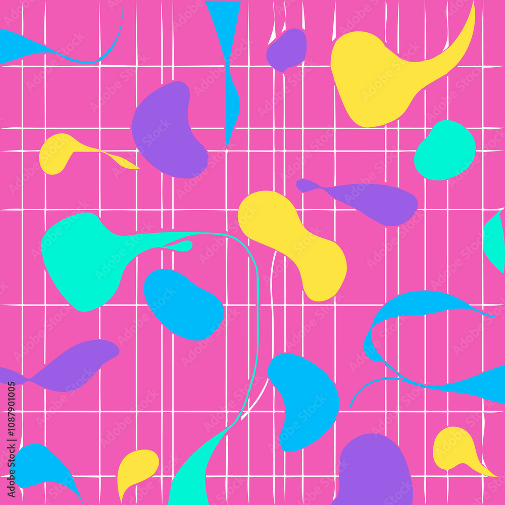 Poster abstract colorful shapes on a pink grid. a vibrant abstract pattern featuring colorful shapes of var