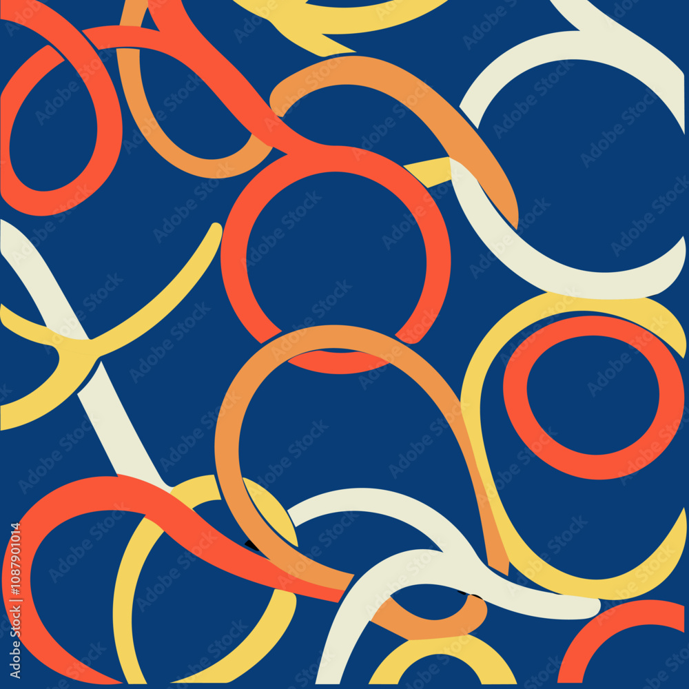 Fototapete Abstract Colorful Pattern. A seamless pattern with abstract colorful shapes and lines on a blue background, perfect for creating a modern and dynamic design.