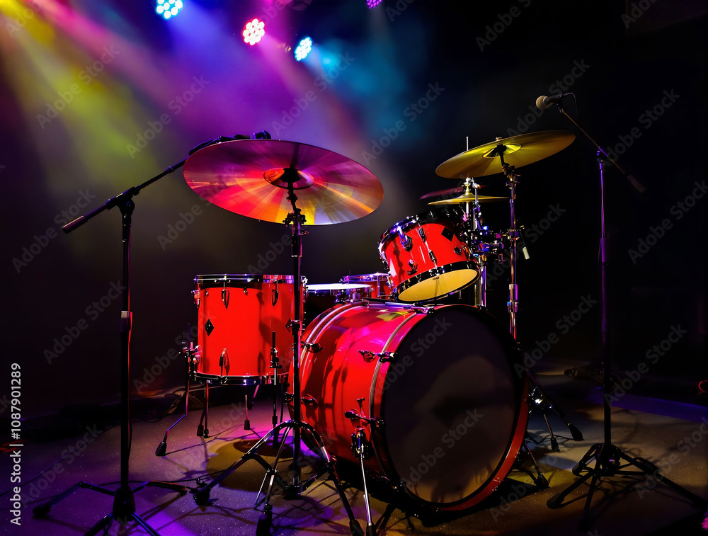 Poster drum set in vibrant red, positioned on a small stage with colorful spotlights and a smoky club atmos