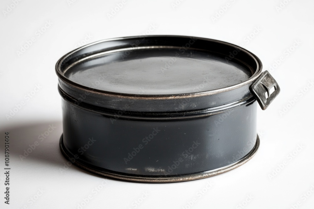 Poster a metal container with a handle on a white surface