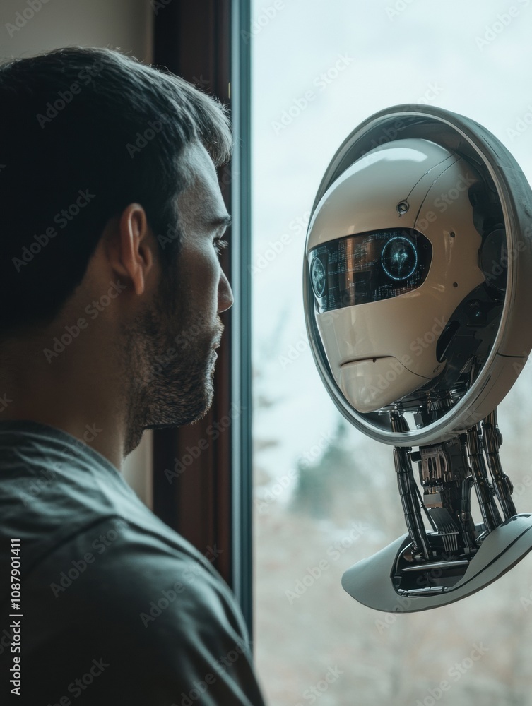 Poster A person gazes intently into a digital mirror, observing the robotic reflection that reveals advanced AI technology and innovation. Generative AI