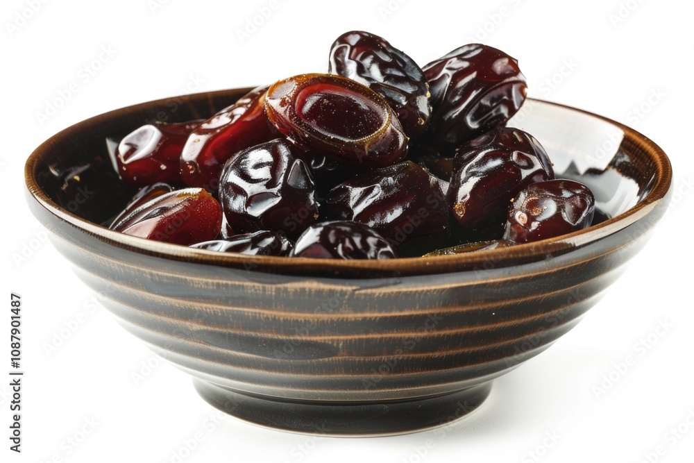 Poster A bowl filled with dates sits on a table, perfect for snacking or as a decorative centerpiece
