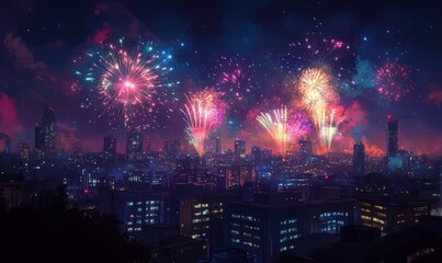 Obraz premium Dramatic nighttime fireworks display above a cityscape, with colorful and symmetrical bursts illuminating the dark sky, and buildings visible in the background