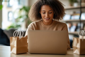Smiling woman with curly hair uses a laptop for online shopping, setting suggests a comfortable and positive purchasing experience surrounded by shopping bags.