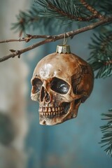 A decorative skull hangs from a tree branch in a natural setting