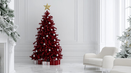 Elegant red Christmas tree with star in modern white room