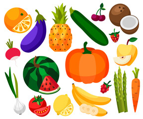 Set of fresh healthy vegetables, fruits and berries isolated. Slices of fruits and vegetables. Flat design. Organic farm illustration. Healthy lifestyle vector design elements.