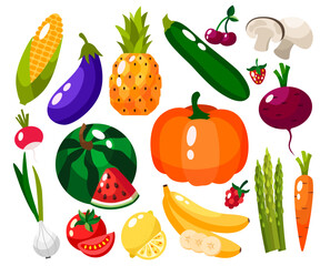 Set of fresh healthy vegetables, fruits and berries isolated. Slices of fruits and vegetables. Flat design. Organic farm illustration. Healthy lifestyle vector design elements.