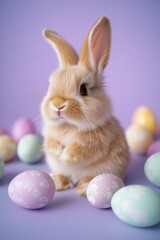 Fototapeta premium A small rabbit sits surrounded by Easter eggs on a purple background
