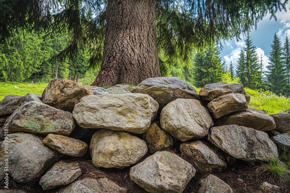 Aufkleber a natural scene with a pile of rocks located in front of a tree