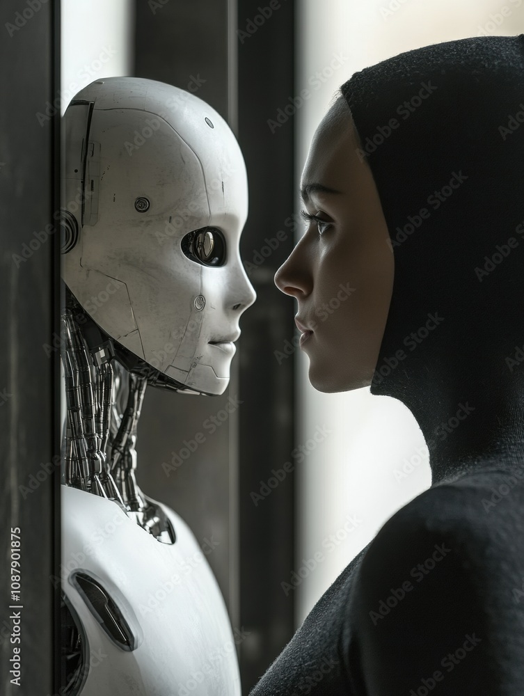 Poster A person stands in front of a digital mirror, their reflection showing a robot, highlighting a unique blend of humanity and technology. Generative AI