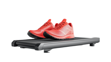Red Athletic Sneakers on a Modern Treadmill for Fitness Enthusiasts, Showcasing Active Lifestyle, Exercise Equipment and Sportswear Trends