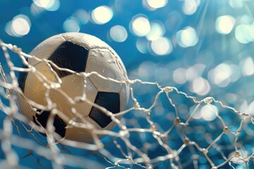 A soccer ball lying inside a goal net, perfect for sports-themed images or illustrations