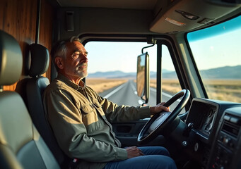 Obraz premium Senior Truck Driver Reflecting on the Open Road at Sunset