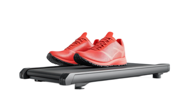 Red Athletic Sneakers on a Modern Treadmill for Fitness Enthusiasts, Showcasing Active Lifestyle, Exercise Equipment and Sportswear Trends