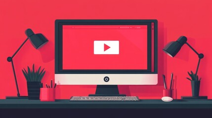 A desktop computer with a red background and a YouTube icon on the screen.
