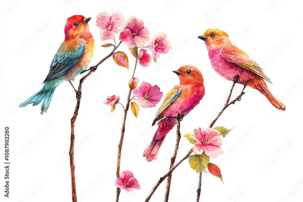 Poster a group of birds sitting on the branch of a tree, looking around