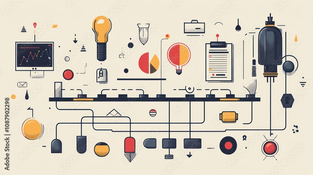 Aufkleber an illustration depicting a complex process of idea generation and workflow.