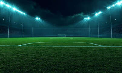Illuminated football stadium with bright floodlights shining on the green grass field and goalposts visible at opposite ends during night