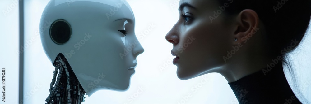 Fototapete a human and an ai reflection interact in a sleek digital mirror, showcasing the convergence of techn