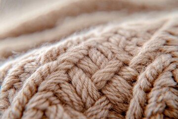 This image showcases a close-up perspective of a soft and intricate beige knitted fabric, emphasizing detailed weaving and texture, ideal for clothing design.