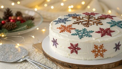 Holiday cake with snowflake decorations