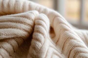 Flowing creamy knit fabric elegantly arranged, showing a beautiful wave design, emphasizing smoothness and warmth, perfect for interior design inspiration.
