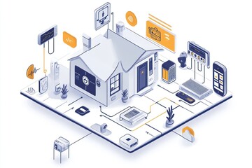 Obraz premium An isometric illustration of a smart home with various connected devices, including a smartphone, tablet, laptop, and security camera, all linked to the house's network.