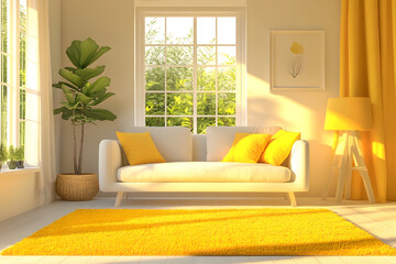 Radiant Yellow Ray Flower Color in a Bright Living Room with Cozy Sofa and Plants