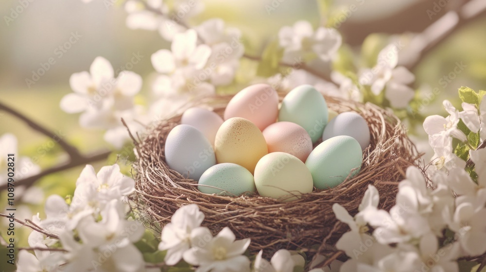 Poster a nest filled with eggs sits atop a tree branch, offering a glimpse into the natural world