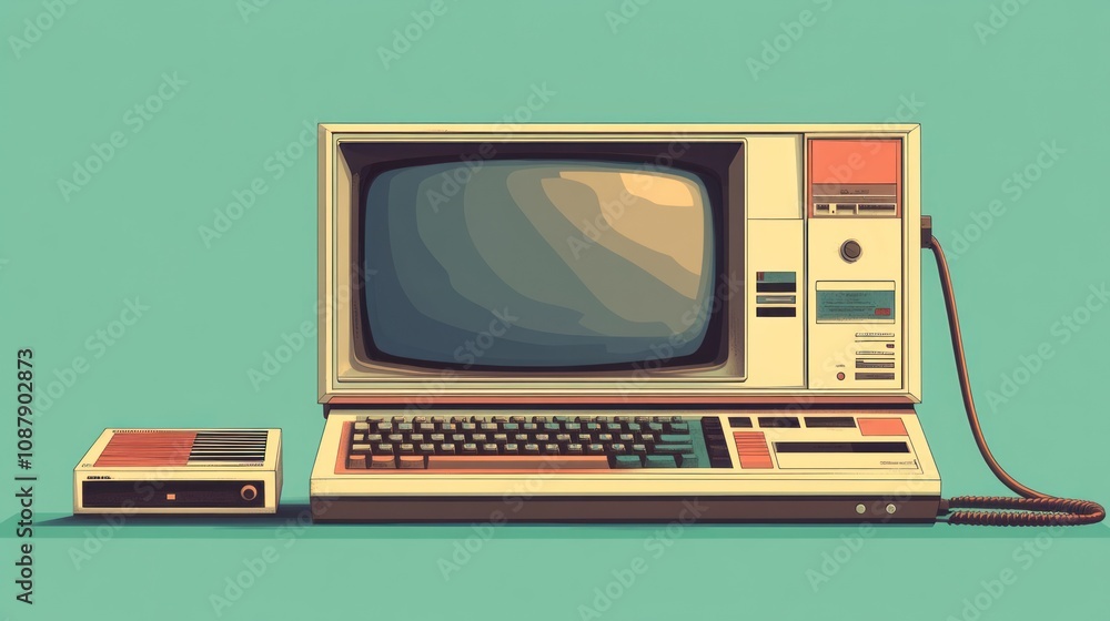 Poster retro computer with monitor, keyboard and floppy disk drive isolated on green background.