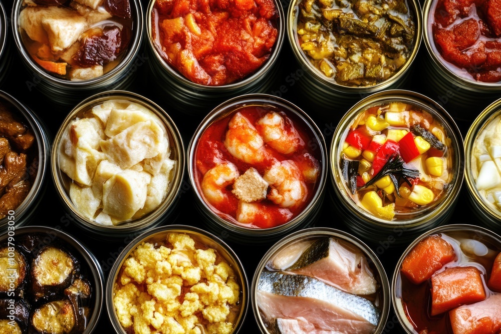 Poster assorted food items stored in tin containers
