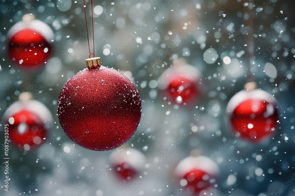 Poster a red decorative ornament hangs from a string amidst snowy surroundings