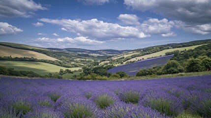 Lavender Field in a Rolling Hill Landscape