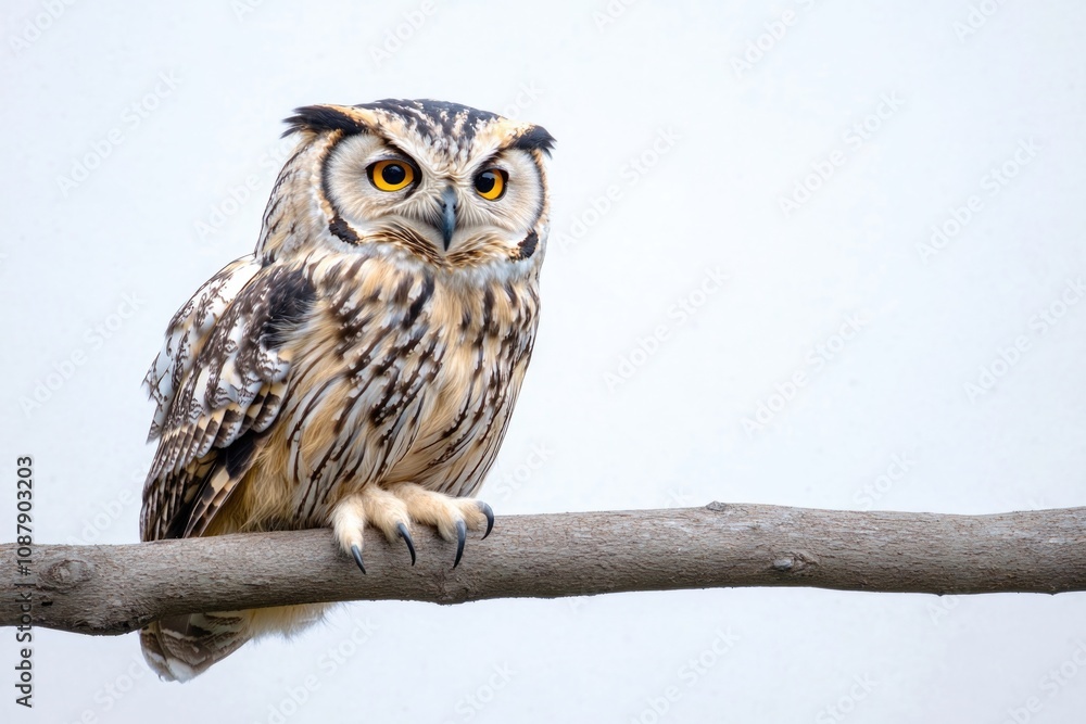Poster close-up of an owl sitting on a tree branch, looking directly at the camera