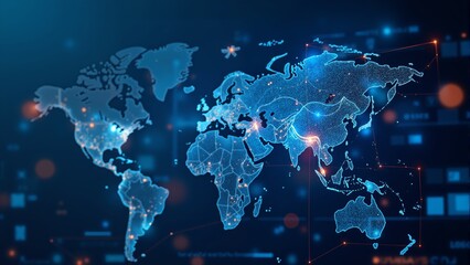 A vibrant digital world map illuminated with glowing nodes and connections at night