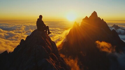 Golden Hour Summit: A Solitary Figure Contemplates the Majestic Mountain Panorama Bathed in the Warm Glow of Sunrise