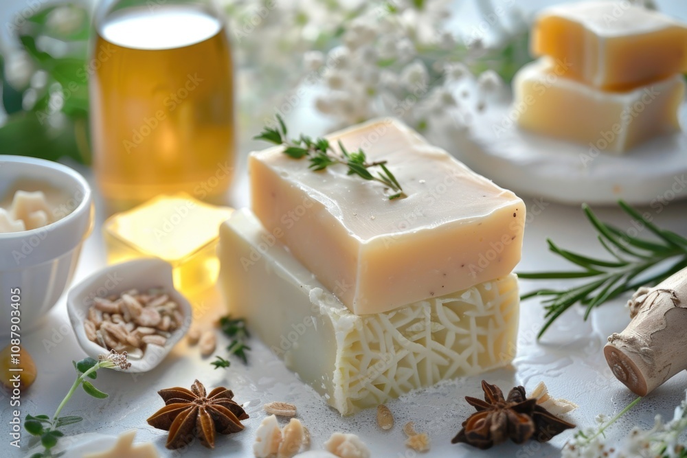 Poster A close-up view of soap bars arranged neatly on a table